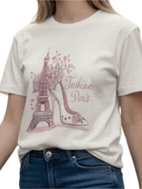 Source Unknown White Tee with Pink Paris Design